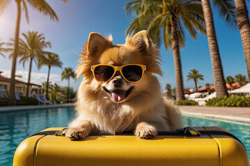 Pomeranian in sunglasses a tourist is sitting next to a yellow suitcase near the pool at the hotel. Traveling with a dog, pet carrier, stress from the heat. 