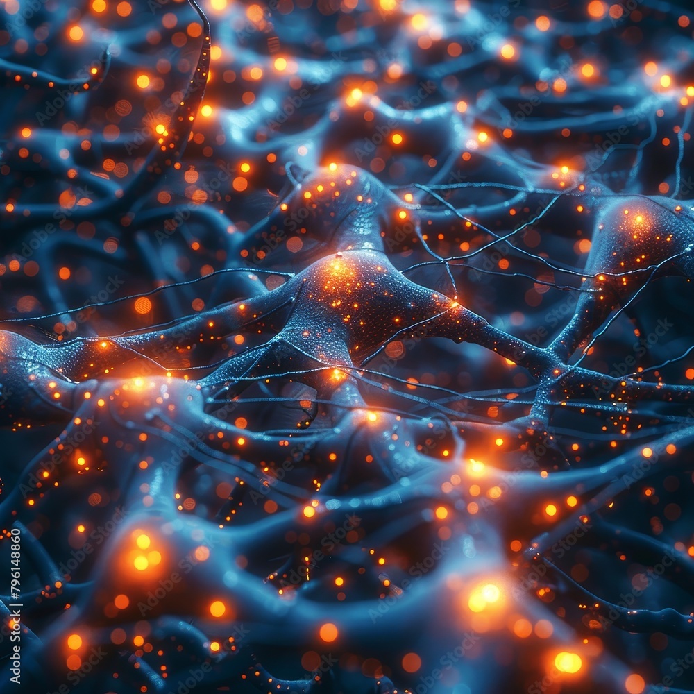 Poster an intricate 3d network of glowing fibers mirrors a microscopic neural pathway view