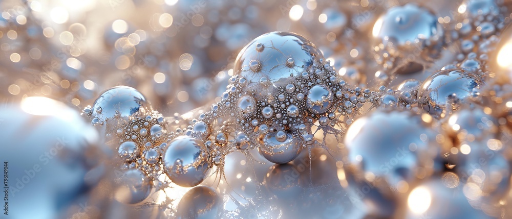 Poster 3d abstract, intersecting metallic spheres and rods, creating a complex, intricate structure