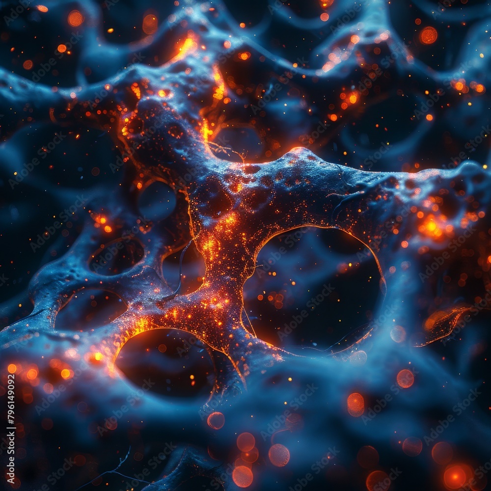 Poster 3d abstract, intricate network of glowing fibers, resembling a microscopic view of neural pathways