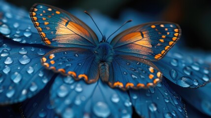 Close-Up of a Blue Butterfly Revealing Intricate Wing Patterns.