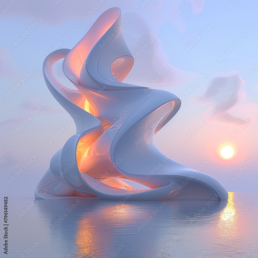 Poster abstract architectural concept featuring a glass spiral staircase with light filtering through creat
