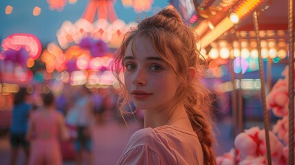 Enchanting Young Woman Amidst Carnival Lights at Twilight.
