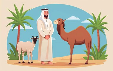 Eid Al Adha Mubarak Arab man with camel and goat. vector illustration 