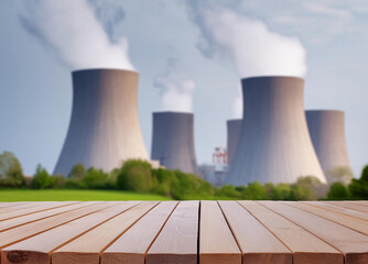 Wooden table with blurred nuclear power plant background