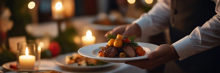 Luxury food service, main course served by a waiter at a wedding celebration or formal event in...