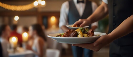 Luxury food service main course served by a waiter at a wedding celebration or formal event - Powered by Adobe