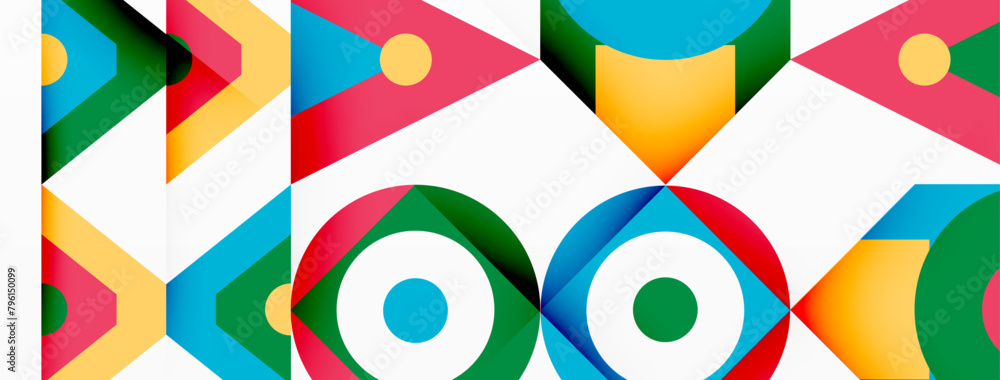 Poster An intricate textile art piece showcasing a colorful geometric pattern with rectangles, triangles, circles, and symmetrical lines in various tints and shades on a crisp white background