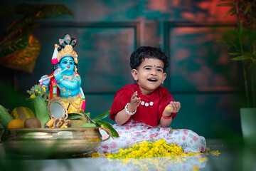 Greetings for a happy Vishnu Kerala event on April 14, featuring a girl model, Fruits and...