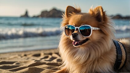 A German Pomeranian in sunglasses is relaxing on the beach by the sea and by the pool at the hotel. Traveling with a dog, stress for a pet, escape from the heat