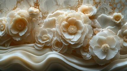 Elegant Cream Floral Wall Sculpture with Marble Texture.