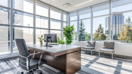 Spacious Modern Office with Large Windows and Indoor Plants.