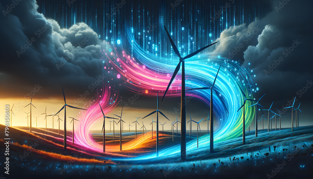 Poster the colorful windmills in a grassland streams of binary code representing the wind.