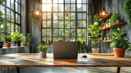 Sunlit Modern Home Office Workspace with Green Plants.
