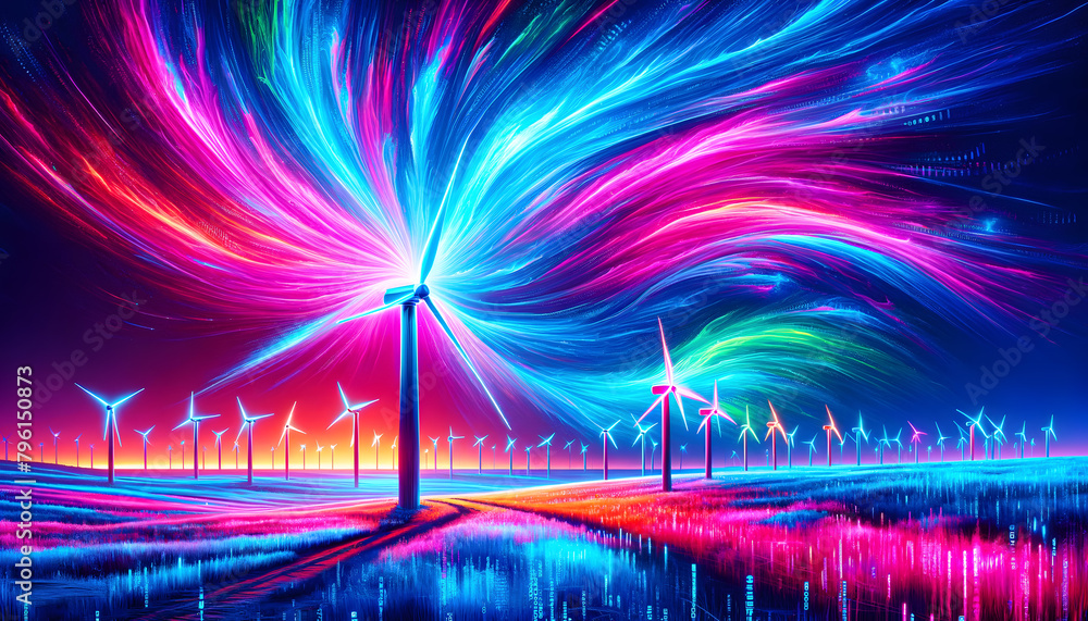 Poster the colorful windmills in a grassland streams of binary code representing the wind.