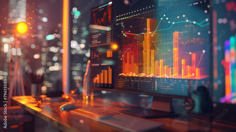 Leinwandbilder A desktop computer displaying a 3D-rendered business graph, providing a visually engaging representation of complex financial data.