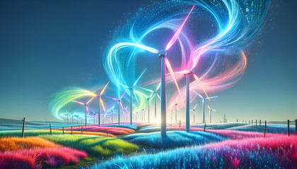 the colorful windmills in a grassland streams of binary code representing the wind. 