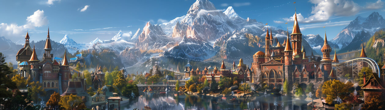 A sorcerythemed amusement park with magical rides and attractions