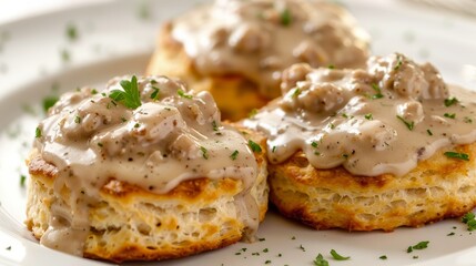 Fototapeta premium Healthy twist on comfort food, biscuits made with whole wheat, topped with lower fat turkey sausage gravy, isolated on white, studio lighting