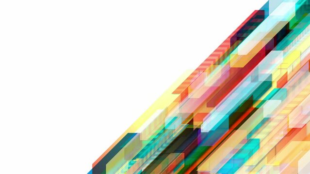 Geometric background loop. Colorful lines, chevrons, arrows in diagonal motion with white copy space on the left.