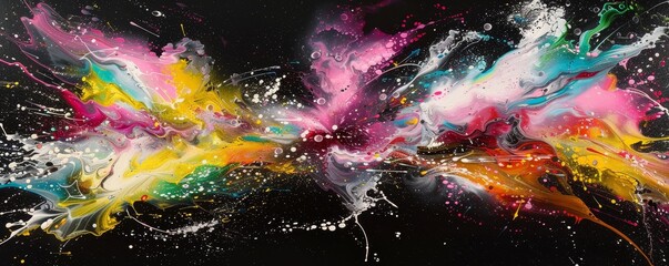 In a dark void, witness abstract art through high-energy collisions, igniting sparks and vibrant colors