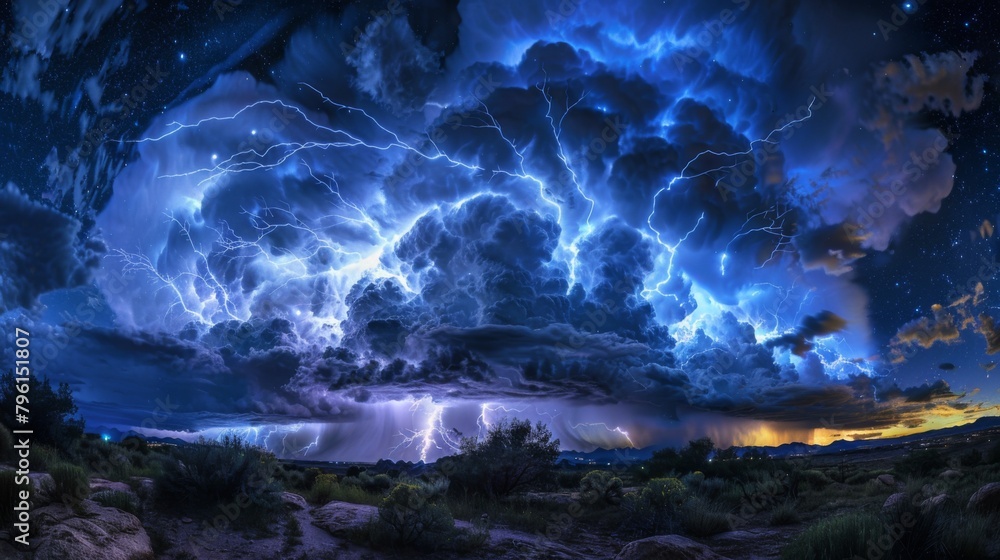 Poster a dramatic lightning storm illuminating the night sky, flashes of light and rumbling thunder adding 