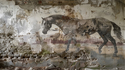 The faded paintings of majestic horses on the stable walls were ly distinguishable only adding to the haunting atmosphere. Broken bridles and fragmented bits lay tered . - obrazy, fototapety, plakaty