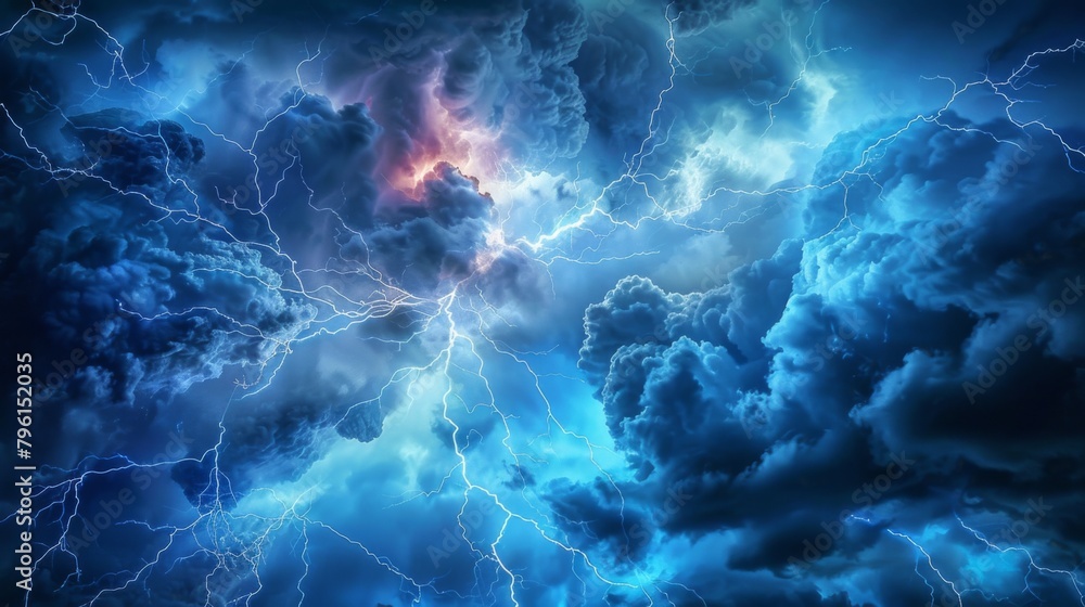 Poster a dramatic lightning storm illuminating the night sky, flashes of light and rumbling thunder adding 