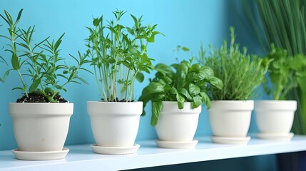 Diverse Collection of Indoor Plants in Various Planters Against Blue Wall