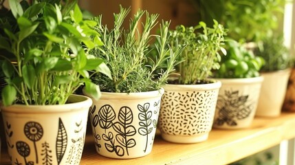 Whimsical Collection of Small Potted Herbs on Display Shelf
