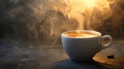 Warm Morning Espresso with Spiraling Steam in Sunrise Light.