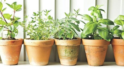 Organic Herb Garden Potted Plants on Indoor Shelf