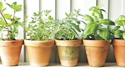 Fototapeta premium Organic Herb Garden Potted Plants on Indoor Shelf
