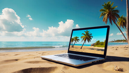Laptop with tropical beach with palm trees wallpaper on a sandy beach in heat on trip. Remote work...