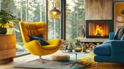 Yellow armchair in a room with a fireplace. Scandinavian interior design for a modern living room in a lake house.