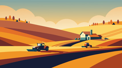 Autumn Harvest Season with Tractors on Rolling Farm Fields