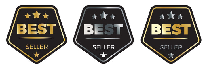Obraz premium Best seller golden labels, award seal, medal badges. Vector premium quality metal emblems. Best Seller Stamp vector for product, print design, apps, websites. 11:11