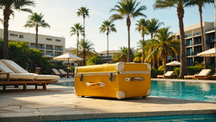 Fototapeta premium Yellow suitcase on a tropical resort is trip to the sea and pool in a warm summer climate, a vacation tour in hotel.