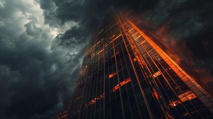 A dramatic view of a high-rise building illuminated against a stormy sky, the contrast between light and shadow adding drama and intrigue to the urban scene. - obrazy, fototapety, plakaty