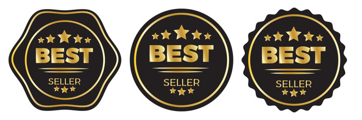 Best seller golden labels, award seal, medal badges. Company or brand product tags or stamps luxury design isolated set. Vector premium quality gold emblems with stars, crowns and metal look. 