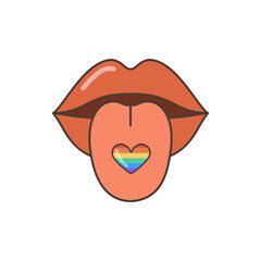 A mouth with lips and a heart on the tongue. The heart is made in the colors of the LGBT flag. A flat illustration in the style of the 70s.