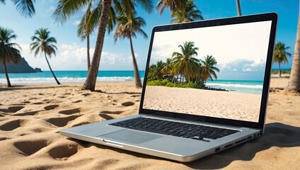Laptop with tropical beach with palm trees wallpaper on a sandy beach in heat on trip. Remote work...