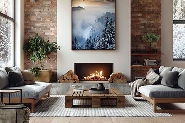 Modern Farmhouse Living Room: Cozy Comfort with Exposed Brick Fireplace