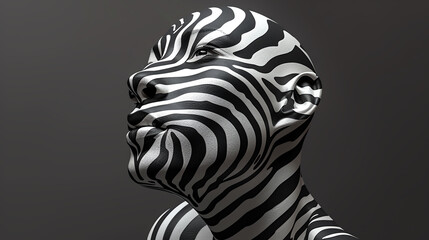 A zebrahuman 3D face, with bold stripes and a wild, freespirited look