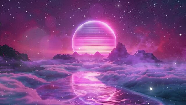 80s retro synthwave background. 80er jahre retro synthwave hintergrund. seamless looping overlay 4k virtual video animation background