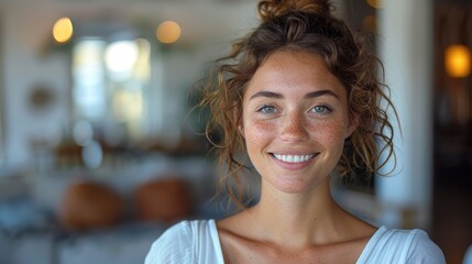 Radiant Young Woman Smiling Joyfully in Natural Light.