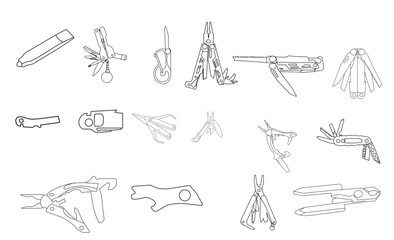 Pocket Knife icon, Multi-tool Knife of vector illustration Isolated on White Background.  Pocket Knife icon, outline icon, Multi tool Knife of vector illustration Isolated. Multifunction tools knives.