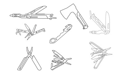 leatherman outline Set. Multitool or multi-tool knife isolated outline vector on white background. This cutting tool.  Multi-function Tools & Knives SOG Specialty Knives & Tools,  Multi-function Tools
