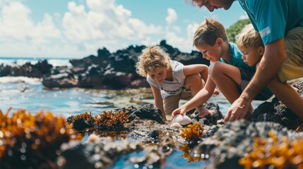 A family gathering seashells and exploring rock pools along the shoreline after a snorkeling adventure