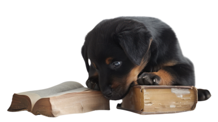 Puppy chews old books ,Isolated on white background